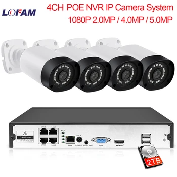 LOFAM 2.0 MP 4.0 MP 5.0 MP 4CH POE NVR Kiti 1080P H. 265 Açık Su Geçirmez Gündüz Gece PoE IP CCTV Gözetim Güvenlik Kamera Sistemi