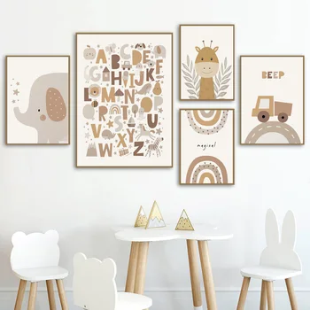 Zürafa Fil Gökkuşağı Balina Araba Boho Çocuk Odası Posterler Ve Baskılar Bebek Duvar Sanatı Resimleri Dekor Nordic Kreş Tuval Boyama