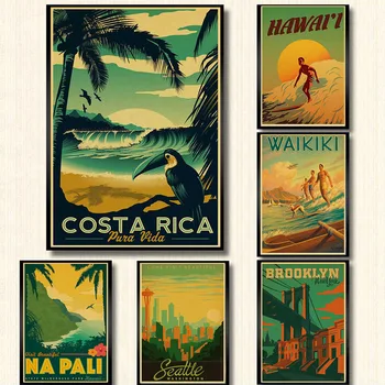ABD ŞEHİR Vintage Poster Hawaii NaPali Tasarım El Sanatları Kağıt Retro Posterler duvar çıkartmaları duvar tablosu Duvar Kağıdı Cafe Bar Pub Dekor