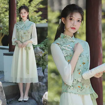 2023 yaz çin tarzı çiçek baskı kız cheongsam ceket günlük retro zarif tarzı tang takım kıyafet kadın iki parçalı set g704