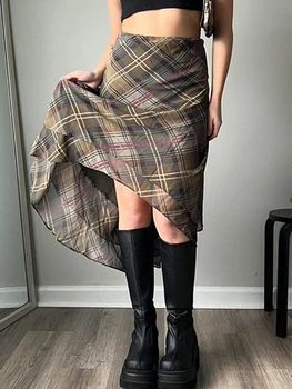 Retro Ekose Etekler Kadınlar Casual Estetik Seksi Düşük Bel Düzensiz Midi Etek Moda Şifon Y2K Elbise Yaz 2023