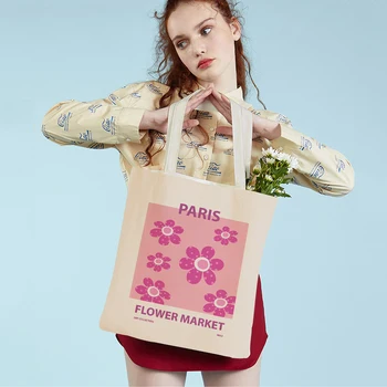 Vintage Süpermarket Alışveriş Çantası Soyut Çiçek Pazarı Tokyo Paris İskandinav Bayan Tote Çanta Tuval Kadın Alışveriş Çantaları