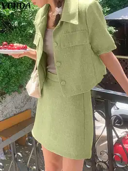Zarif Kadın Elbise Setleri 2023 Moda Düz Renk Blazer Etekler Kısa Kollu Parti Dipleri Takım Elbise Femme Eşleşen Setleri Baggy