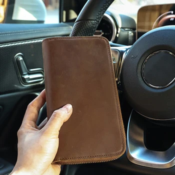 En Hakiki Deri erkek cüzdanları Retro El Yapımı Cüzdan Erkekler için Fermuar Çanta Uzun Kahverengi Cüzdan Erkekler Kalın Cüzdan Para Telefonu Çantası