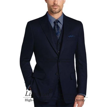 Klasik Lacivert Erkek Takım Elbise 3 Parça Set Resmi Iş Blazer Slim Fit Düğün Damat Smokin Terno Masculino Ceket Yelek Pantolon