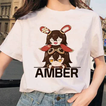 Genshin Darbe Amber Keqing T Shirt Sıcak Oyun Karikatür Baskı T-Shirt Femme Kawaii Giysileri Yaz Üstleri Hu Tao Tshirt Unisex Tees