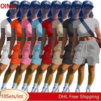 10 Toplu Toptan yaz kıyafetleri Kadın İki Parçalı Set kısa kollu tişört Kırpma Üst Şort Eşleşen Rahat Katı Eşofman 9830
