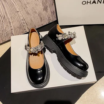 Kolej Kızlar kristal kemer tokası mary janes ayakkabı kadın ayakkabı yuvarlak ayak kalın topuklu loafer'lar kadın patent deri daireler 2021