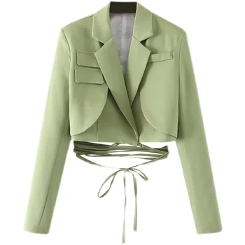 Kadın İnce Yeşil Blazers Bahar 2023 Katmanlı Bağlı Kırpılmış Ceket Kadın Chic Tops Femme Uzun Kollu Kısa Kravat Takım Elbise Ceket Ceket