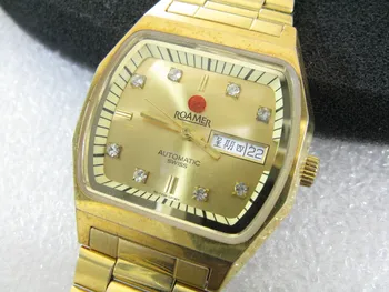 (Çince+İngilizce) roamer tüm altın kaplama otomatik kare kasa İsviçre erkek saati ETA 2846