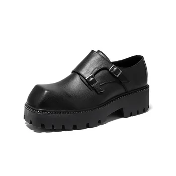 Erkek Deri rahat ayakkabılar Moda Streetwear Erkek Kare Ayak Toka Derby Ayakkabı İş Platformu Resmi Elbise Ayakkabı