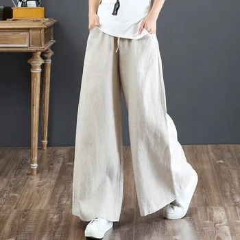 Kadın Pamuk Keten Geniş Bacak Pantolon Yeni 2020 Sonbahar Vintage Katı Renk Gevşek Rahat Bayanlar günlük pantolon S1824