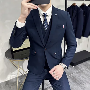Yeni (Blazer + Yelek + Pantolon ) erkek Moda İş Düz Renk Kore Versiyonu Rahat Beyefendi İnce Düğün Barındırma Takım Elbise 3 parça