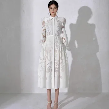 2023 Sonbahar Yeni Kadın İçi Boş Beyaz uzun elbise