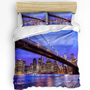 Şehir Gece Brooklyn Köprüsü Mimarisi Nevresim Yatak nevresim takımı Ev Nevresim Yastık Kılıfı Yatak Odası nevresim takımı Hiçbir Levha