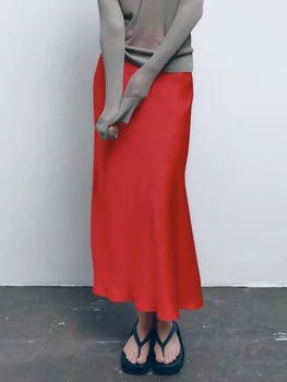 Kadınlar İçin uzun Etekler İlkbahar Yaz 2023 Bayan Giyim Zarif Vintage Parti Kırmızı Saten Etek Yan Fermuar Yüksek Bel Maxi Etek
