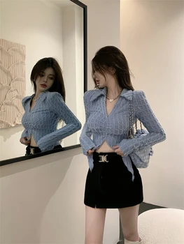 WDMSNA Kore V Yaka Uzun Kollu Gömlek kadın Bahar 2023 Yeni Onay Bluzlar Kadınlar İnce Seksi Yaka Blusas Femininas Kısa Üst
