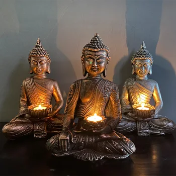 Buda Heykeli Mum çay lamba tutucu Meditasyon Buda Patine Altın Kaplama Oturma Heykel Mumluk Feng Shui Dekor