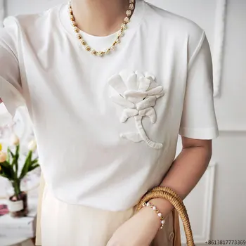 Yeni El Yapımı 3D Gül Siyah Beyaz Gevşek pamuklu bluz Yuvarlak Boyun kısa kollu tişört kadın Bahar yazlık t-shirt