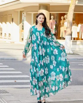 Yaz V Boyun Yeni Elbise Büyük Boy Kadın Şişman Plaj Tatil Seyahat Bohemian Annelik Moda Şifon Çiçek uzun elbise Artı Boyutu