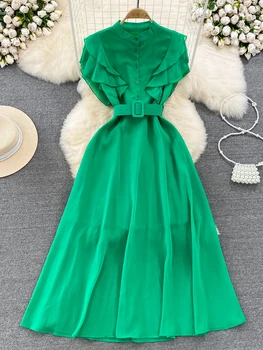 Yaz Vintage Kadınlar Şifon uzun elbise Kadın Standı Yaka Tek Göğüslü Fırfır A-Line Fırfır Maxi Elbise Rahat Vestidos Yeni