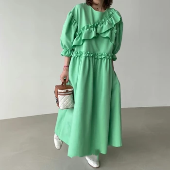 Kore Yeni Kadın Yaz Gevşek Casual Chic Moda Ruffles Tasarımcı Pist Vintage Tatil O Boyun Puf Kollu Maxi Elbise