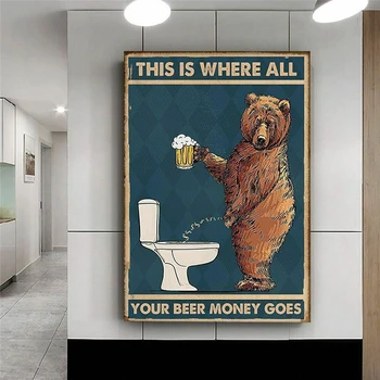 Komik Hayvan Posteri Ayı Içme Bira Banyo Tuval Resim Soyut duvar sanatı tuval yağlıboya Baskı Çocuk Odası Ev Dekor
