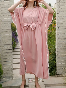 Casual Bohemian Gevşek Püskül Fırfır uzun elbise Kısa Kollu Plaj Elbise Sonbahar 2023 Müslüman Fas Kaftan Maxi Elbise A2098