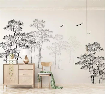 beibehang Özel duvar kağıdı 3d minimalist iskandinav tarzı siyah ve beyaz kroki soyut ağaç uçan kuş TV arka plan duvar kağıdı