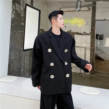 2021 Sonbahar kış Kore tarzı benzersiz Büyük parlak metalik düğmeler tasarım ceketler erkekler rahat gevşek yün ceket erkekler, M-XL