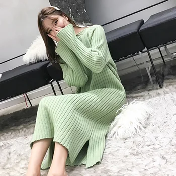 Kadın Kış örme elbiseler 2019 Avrupa Uzun Kollu O-yaka Rahat Gevşek Sıcak Maxi Kazak Elbise Artı Boyutu kadın Giyim