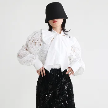 Papyon Suda Çözünür Dantel Fener Kollu Gömlek Bahar 2023 Yeni Moda Cut-Out Lüks Siyah Beyaz Üst Kadın Bluzlar