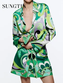 Sungtin 2023 Yeşil Baskı Bluz Gömlek Kadın İki Parçalı Set Tatil Şık Bölünmüş Yüksek Bel Etek Takım Elbise Kadın Gevşek Rahat Kıyafetler