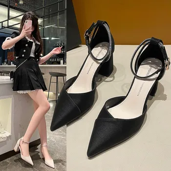 Yeni Stil kadın Toka Sivri Yüksek Topuklu Kalın Topuk Baotou Bayanlar Sandalet Pompaları Bayanlar Elbise parti ayakkabıları Takozlar Ayakkabı