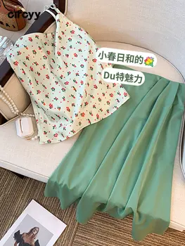 Circyy Etek Setleri Kadın A-Line Yeşil Uzun Etek + Kolsuz Gömlek Spagetti Kayışı Kırpılmış Üstleri Çiçek Yaz Yeni 2 Parça Setleri