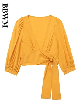 Yay Kırpma Üst Kadın Moda Şal Bluz Şık Kadın Yaz Vintage Üç Çeyrek Kollu Üstleri 2023 Sarı Gömlek ve Bluzlar