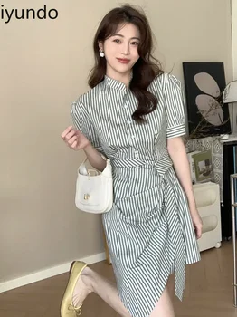 Iyundo yaz elbisesi Çizgili Standı Yaka Kısa Kollu Elbiseler Zarif Ofis Bayanlar Bak Basit Bel Dantel-up Kore Moda