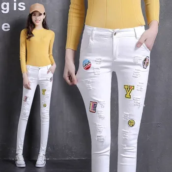 Kadın Beyaz Pantolon kalem pantolon Yeni Yıpranmış Mektup Baskı Düğmesi cep Pantolon kadın Yüksek Bel Elastik Ayak Pantolon Streetwear