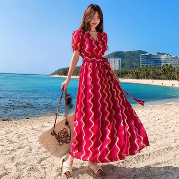 Bohemin Tatil Maxi yaz elbisesi 2023 Yeni Moda Kadınlar V Boyun Çizgili Kırmızı Lace Up Kısa Kollu Bayanlar Tek Parça Uzun Vestidos