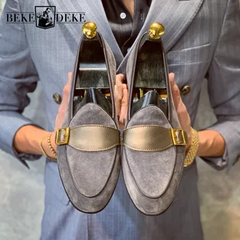 Ingiliz Tarzı erkek ayakkabısı Vintage Lüks Loafer'lar Marka Sivri Burun Iş rahat elbise ayakkabı Toka Tasarımcı Süet düz ayakkabı