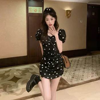 Kore İnce Tatlı Mini Elbise Yaz Kadın Seksi Aşk Baskılı Kıvrımlar Tasarım Şık Puf Kollu Sevimli Elbise Rahat Vestidos Genç Günlük