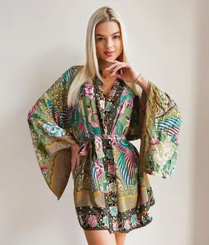Retro Rayon Bikini Hırka Kadınlar Boho Etnik Halk Kimono Kapak Ups Üstleri Tavuskuşu Baskı Şal Plaj Tatil Bikini Bluz