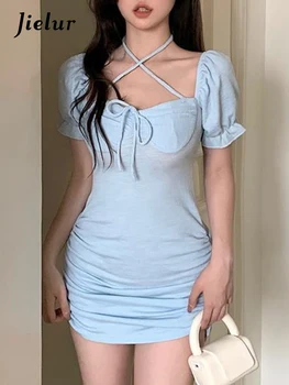 Jielur Yaz Mavi Tatlı Elbise Kadın Tasarımcı Dantelli Şık Parti Mini Elbise Kadın Kore Moda Bandaj Strappy Slim Fit Elbise