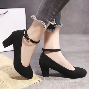Moda Yüksek Topuklu Süet Kırmızı Siyah Kadın Ayakkabı Tıknaz Ayak Bileği Blucke Çalışma yürüyüş ayakkabısı Seksi Sivri Burun Pompaları Bayanlar parti ayakkabıları