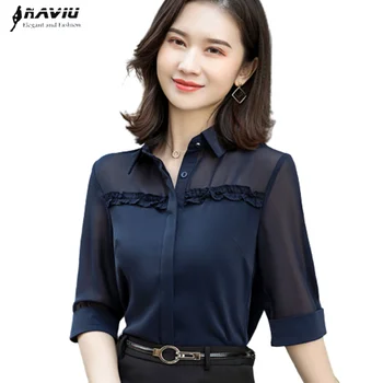 Yarım Kollu Gömlek Kadın Şifon Yaz Blusas Yeni Moda Mizaç Resmi Bluzlar Ofis Bayanlar Çalışma Tops