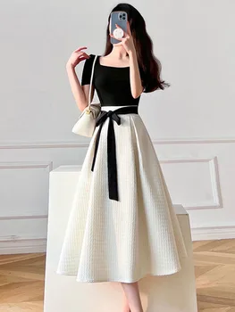Yaz Zarif İki Parçalı Elbise Setleri Retro Ofis Bayan Kıyafetleri Siyah Kırpma Üst + Bir Çizgi Yay Etekler 2023 Kore Moda Eşleşen Seti
