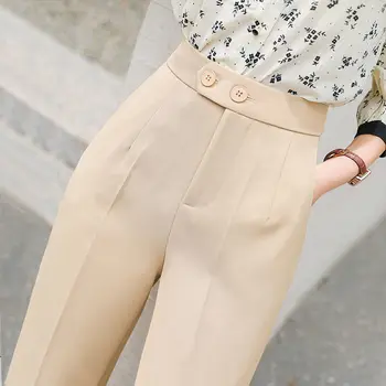 2021 Kadın Bahar Rahat Katı Gevşek Takım Elbise Pantolon Kadın Düğme Cepler Yüksek Bel harem pantolon Bayanlar Zarif Düz Pantolon P36