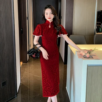 Yaz Yeni Kadın Cheongsam Uzun Eski Şangay Elbise Bayanlar Mizaç Eski Çin Tarzı Kabartmalı Dantel Elbise