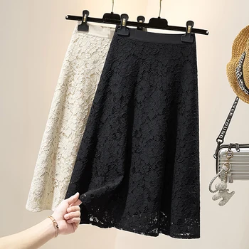 Yüksek Bel Dantel Çiçek Midi Etek Kadın Vintage A-Line Etekler Bayan Siyah Bej Elbise