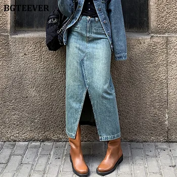 BGTEEVER Vintage Yüksek Bel Kadınlar Uzun Etekler Şık Gevşek Cepler Bölünmüş A-line Kot Etekler Kadın İlkbahar Yaz